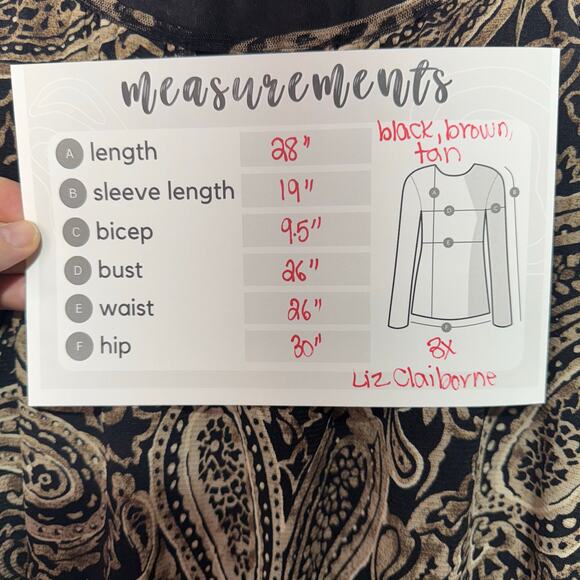 Liz Claiborne Top Women’s Size 3X Black Brown & Tan Paisley 3/4 Sleeve - Picture 7 of 7